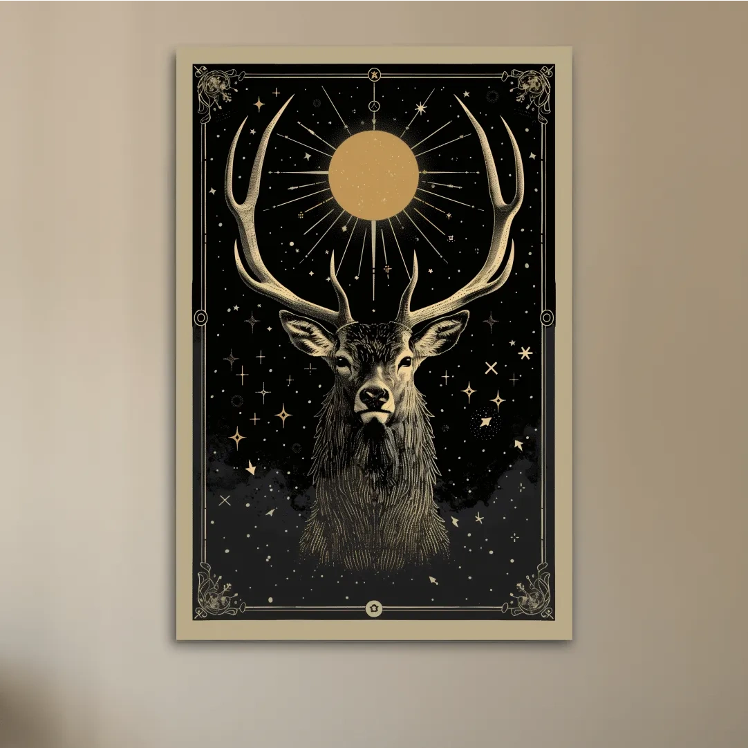Elegant deer head under the night sky, tarot card style art