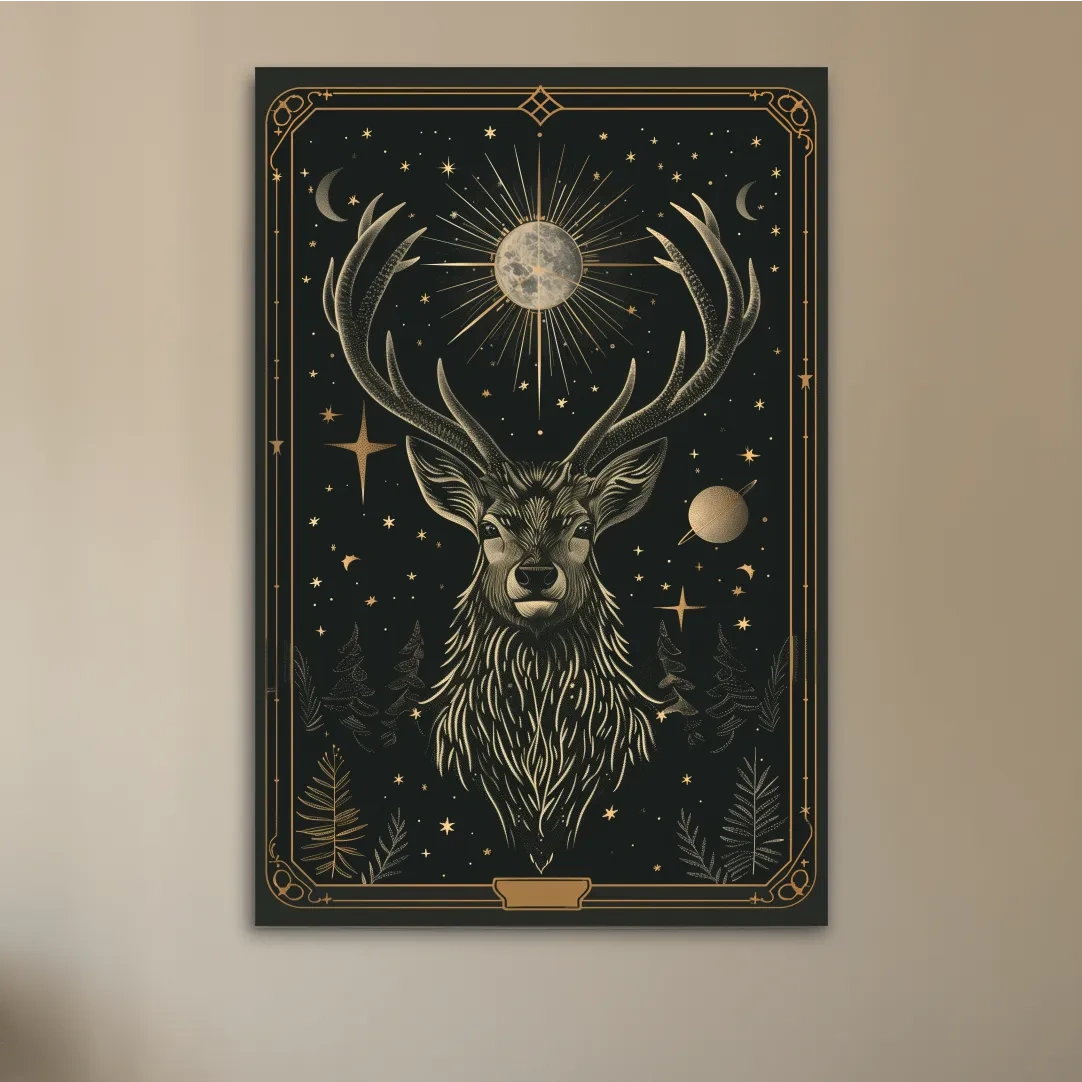 Elegant deer head tarot card style art, planetary solar system