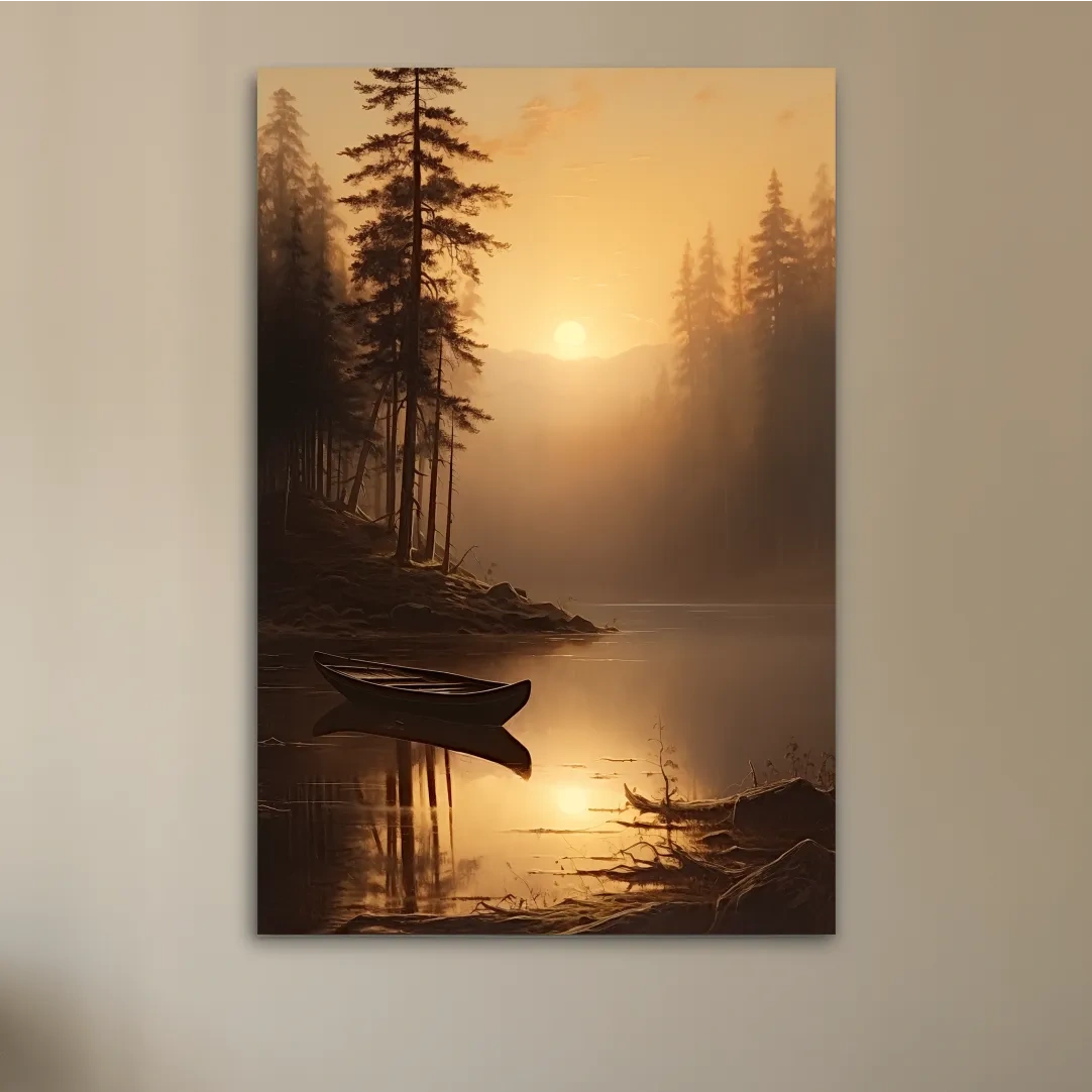 Sunset painting of a canoe on a lake at golden hour