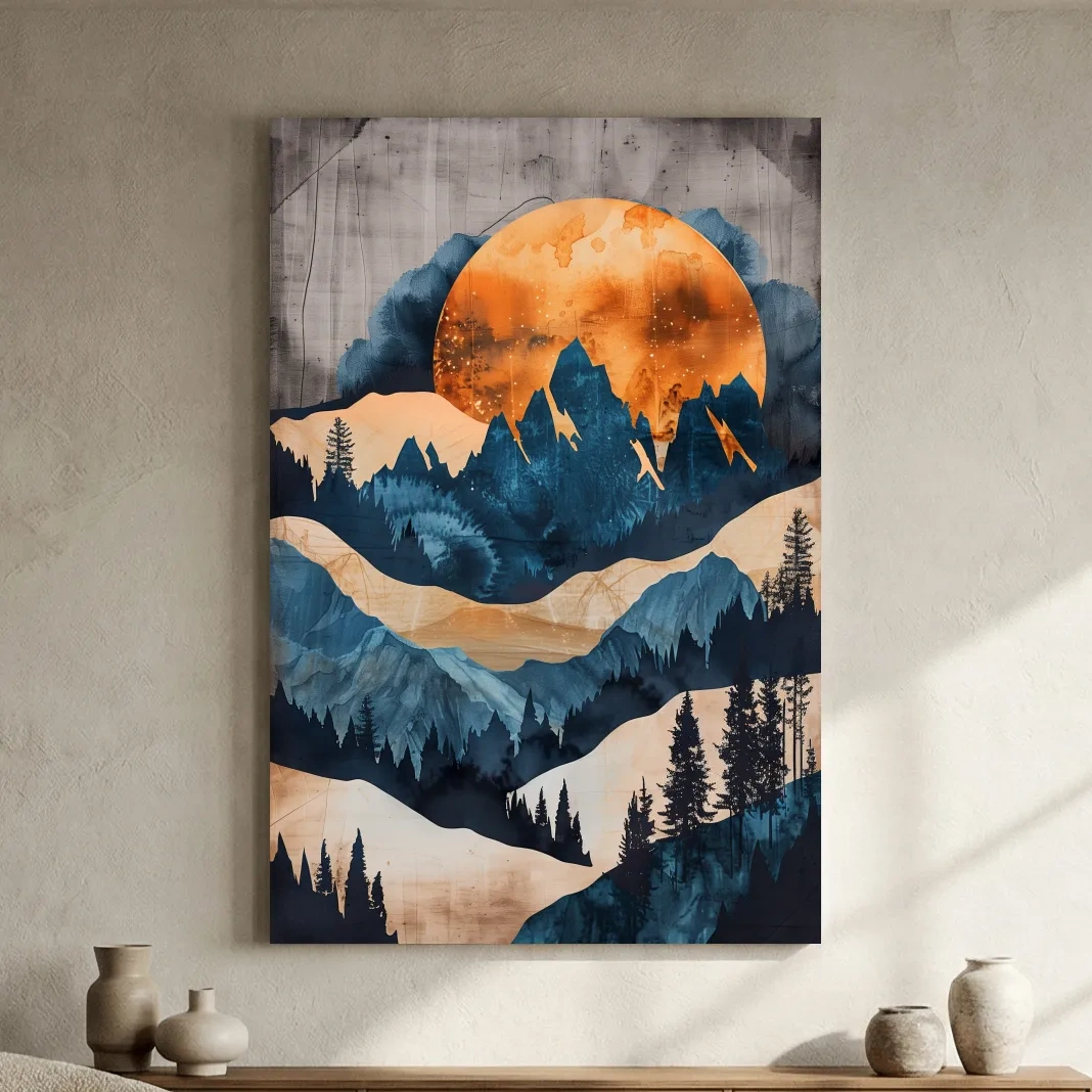Moody Abstract Mountain Sunset - Forest Watercolor Wall Art