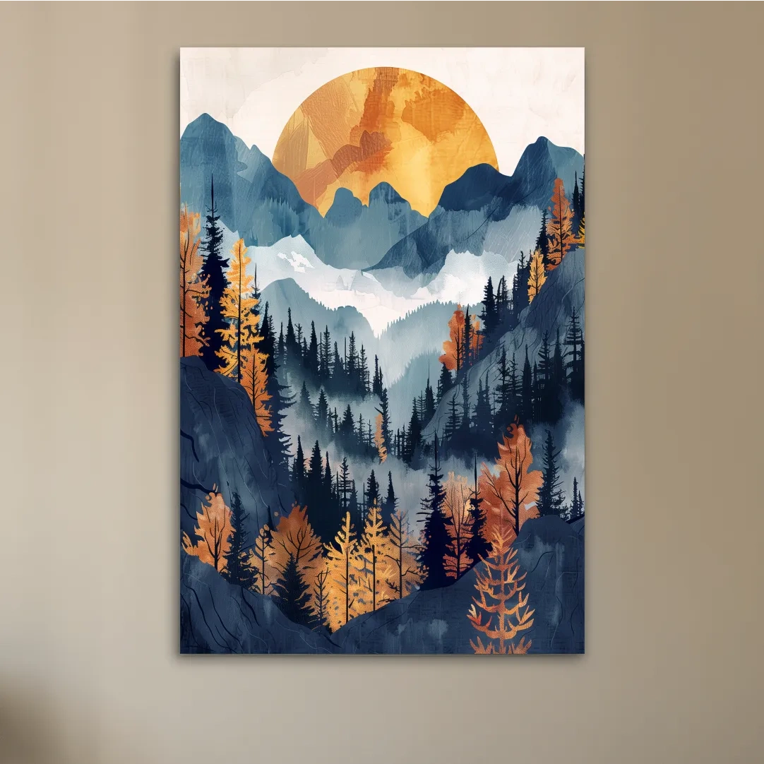 Foggy forest artwork, sunset over the mountains, textured watercolor style painting