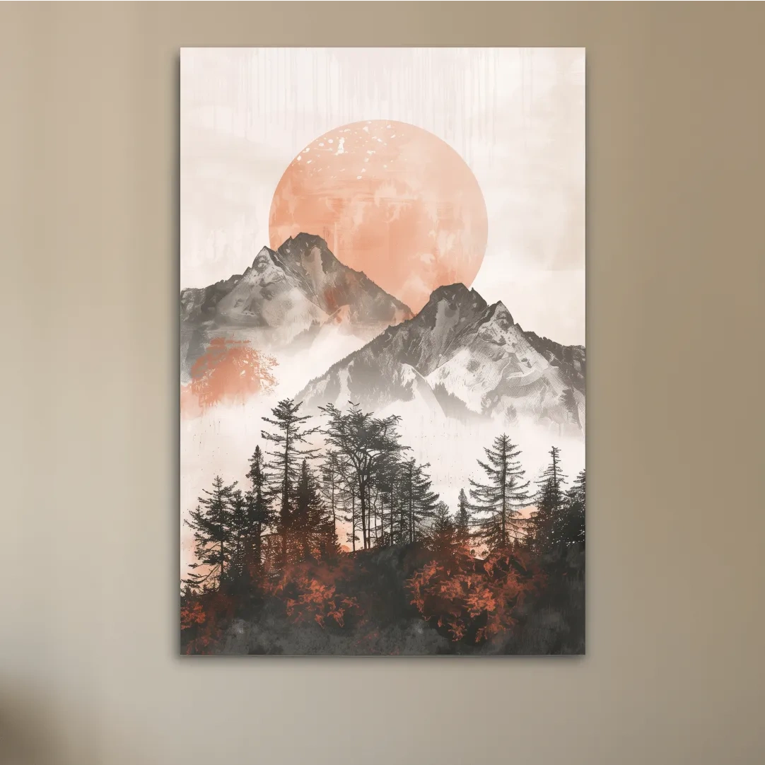 Japandi style boho wall art, sunset over an alpine forest, mountains & trees