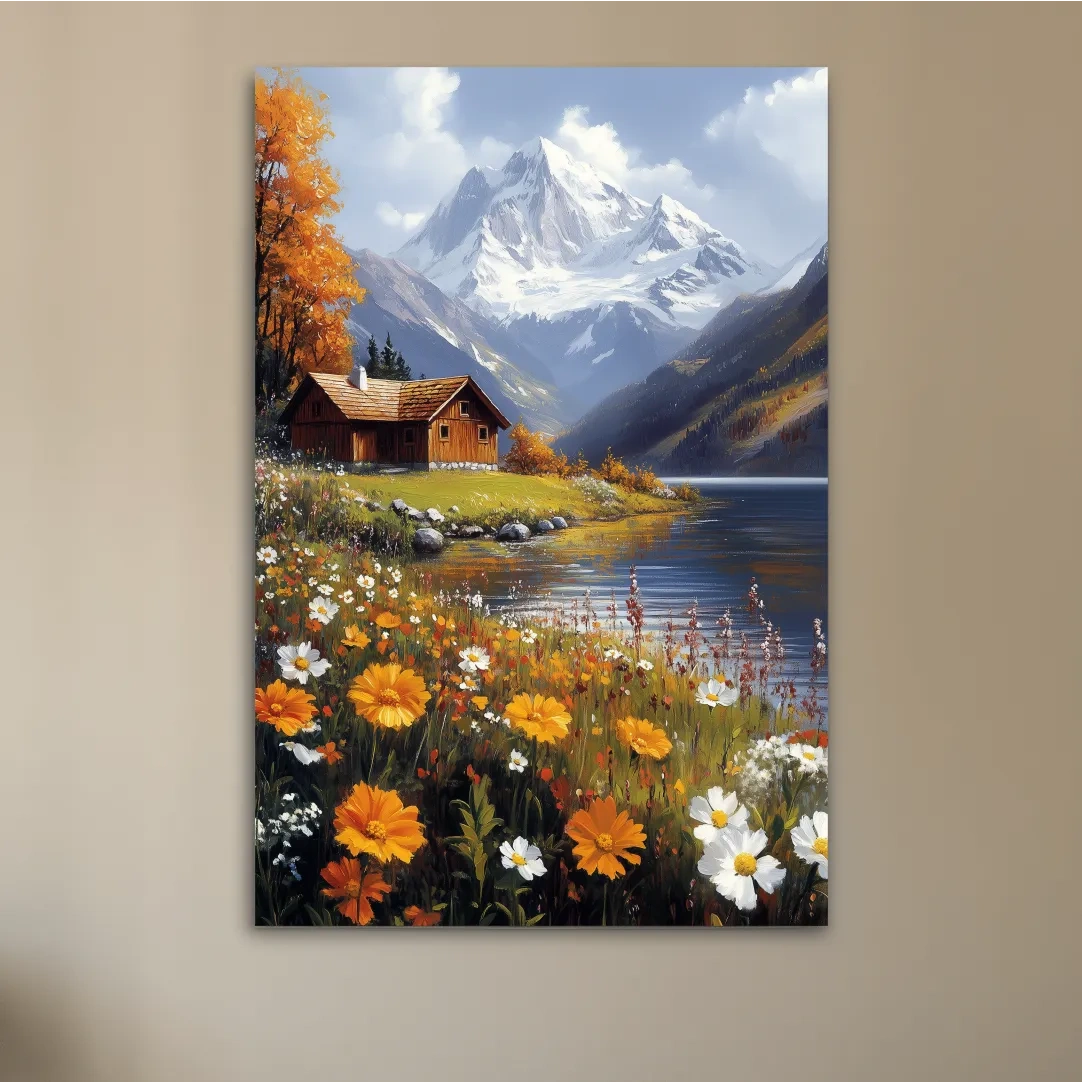 Impressionist painting of a lakeside cabin in the alpine meadows beneath a glacier