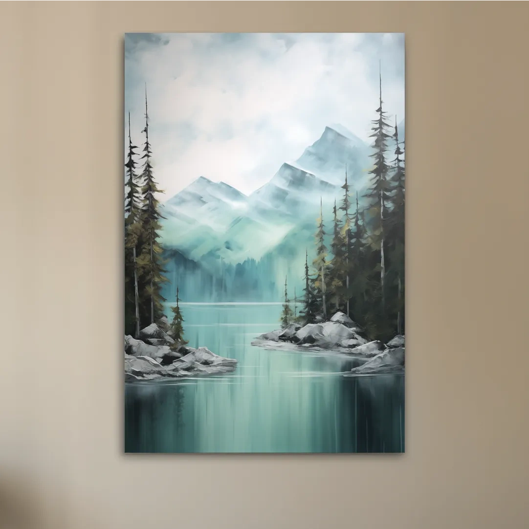 Painting of a turquoise lake in the alpine
