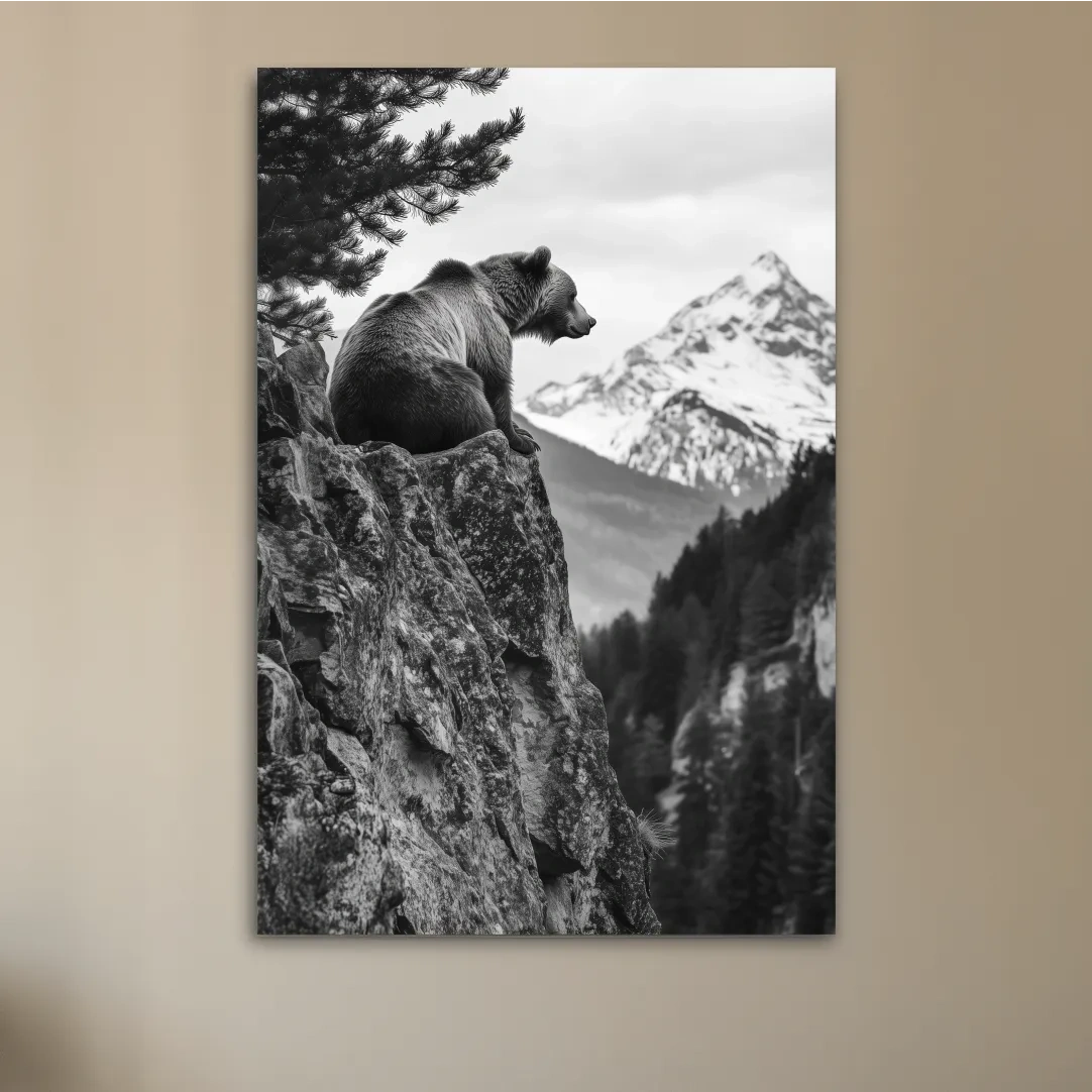 Grizzly bear taking in a mountain view, photographic wildlife wall art