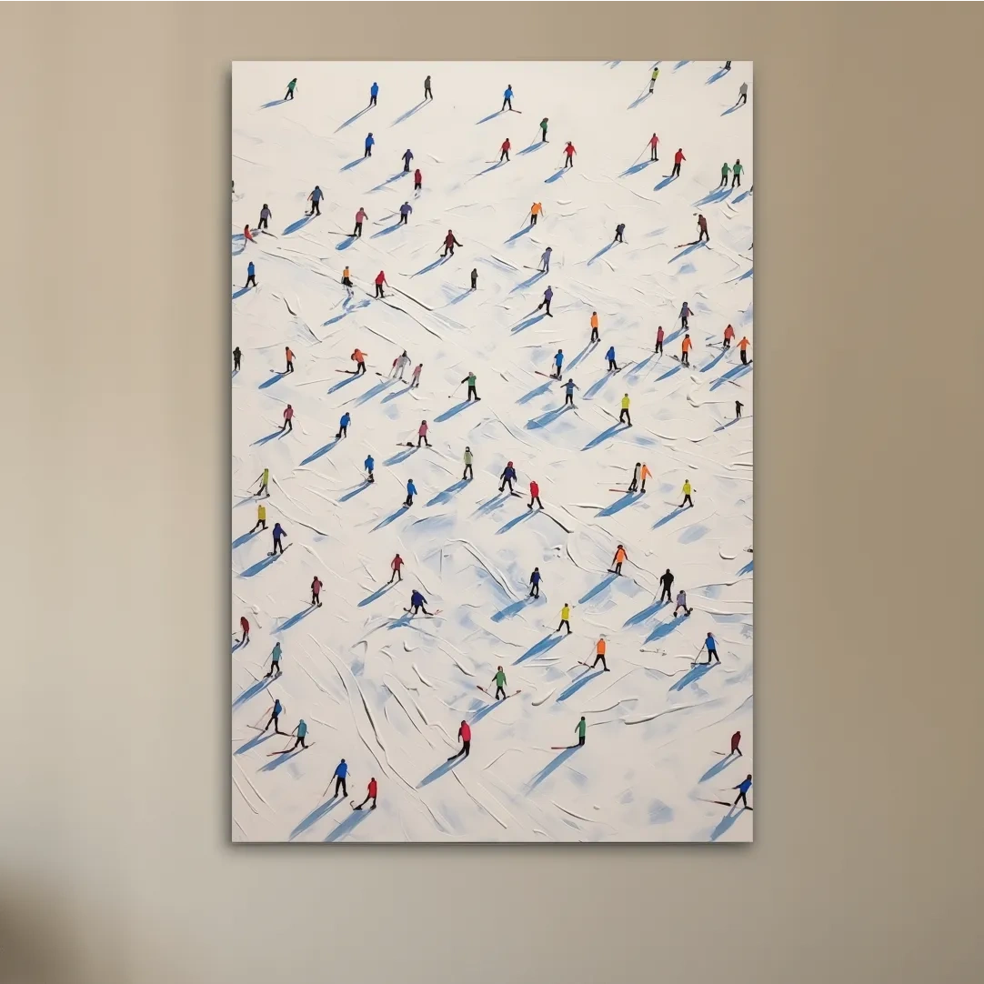 Lots of little skiers in a ski resort, textured painting effect
