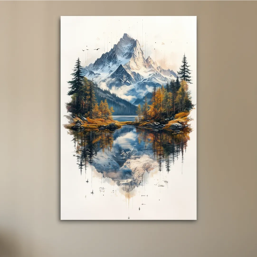 Misty Alpine Mountain Lake Painting - Autumn Pine Forest Tattoo Style Wall Art