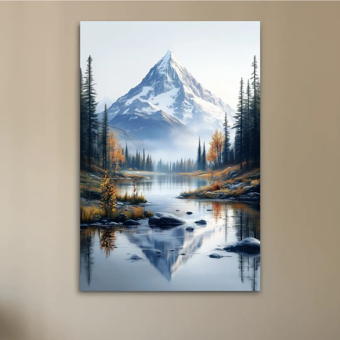 Majestic Snowcapped Mountain Lake Artwork - Serene Alpine Meadows Wall Art