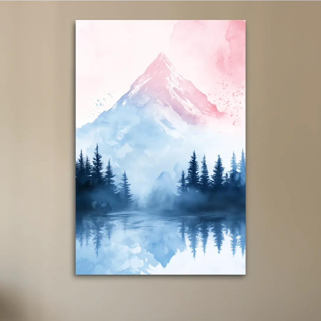 Dreamy Watercolor Alpine Lake Reflection - Pastel Forest Wall Art