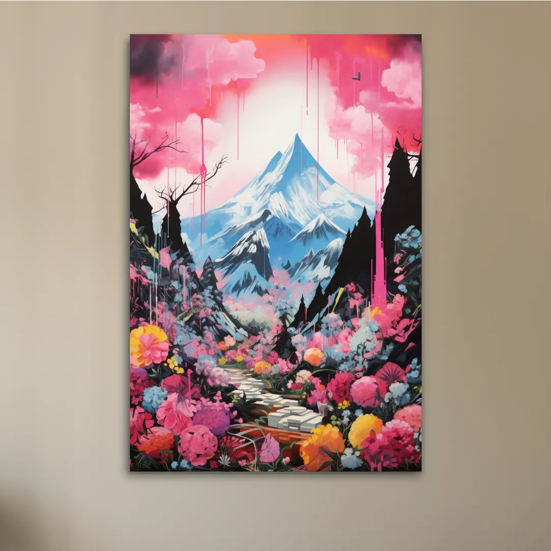 Energetic illustration of pink alpine flowers by a glacier
