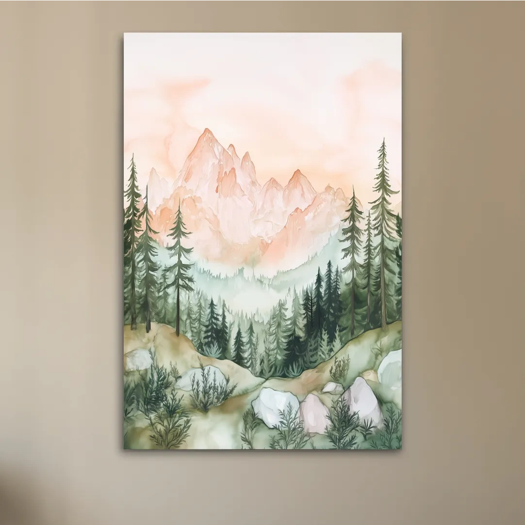 Pastel Watercolor Mountain Peaks & Pine Forest - Serene Alpine Landscape Artwork