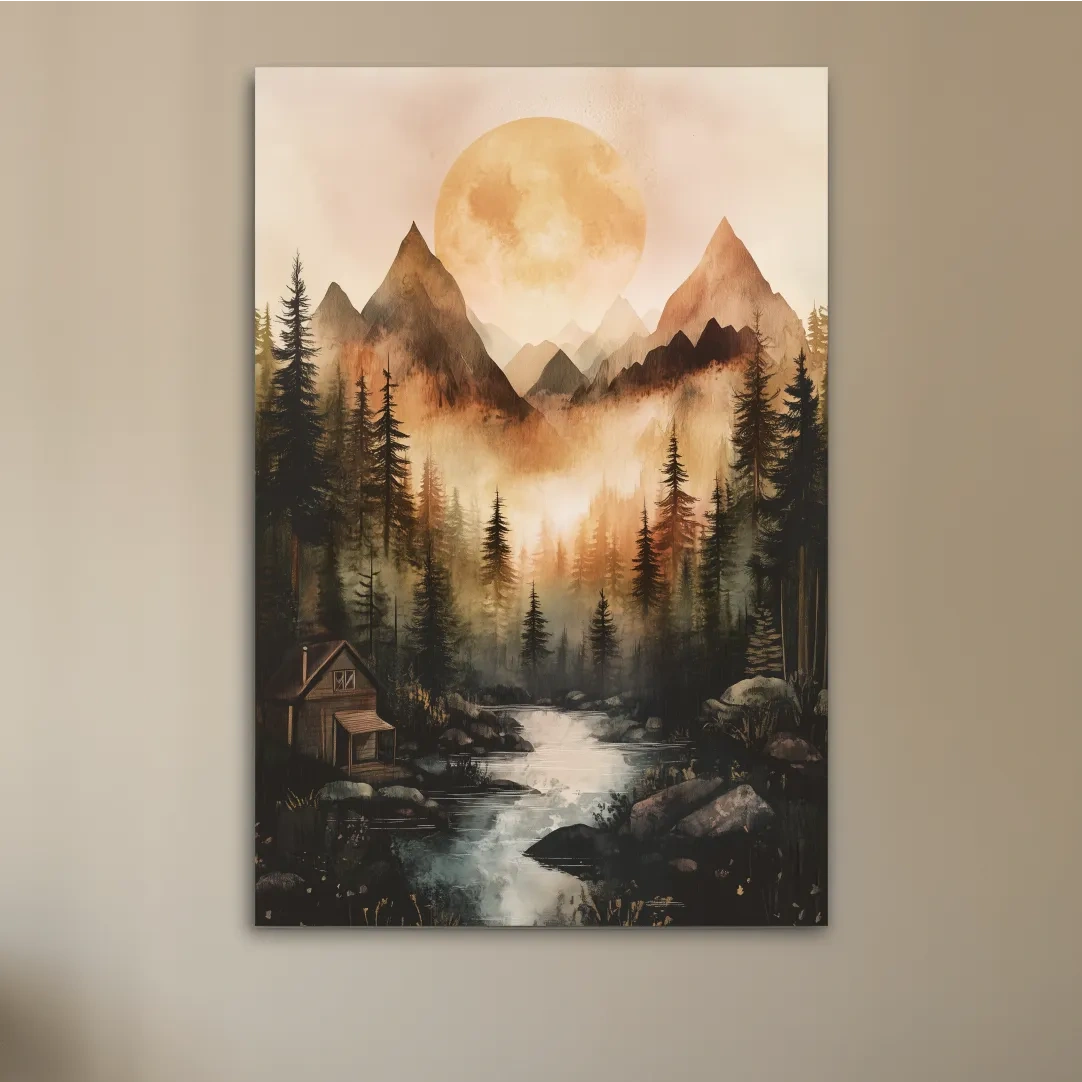 Alpine lake cabin painting, rustic watercolor effect, forest and mountains