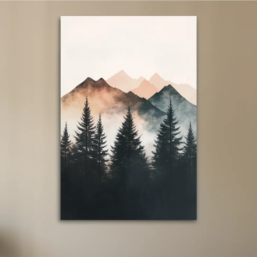 Foggy alpine forest watercolor painting, mountain art