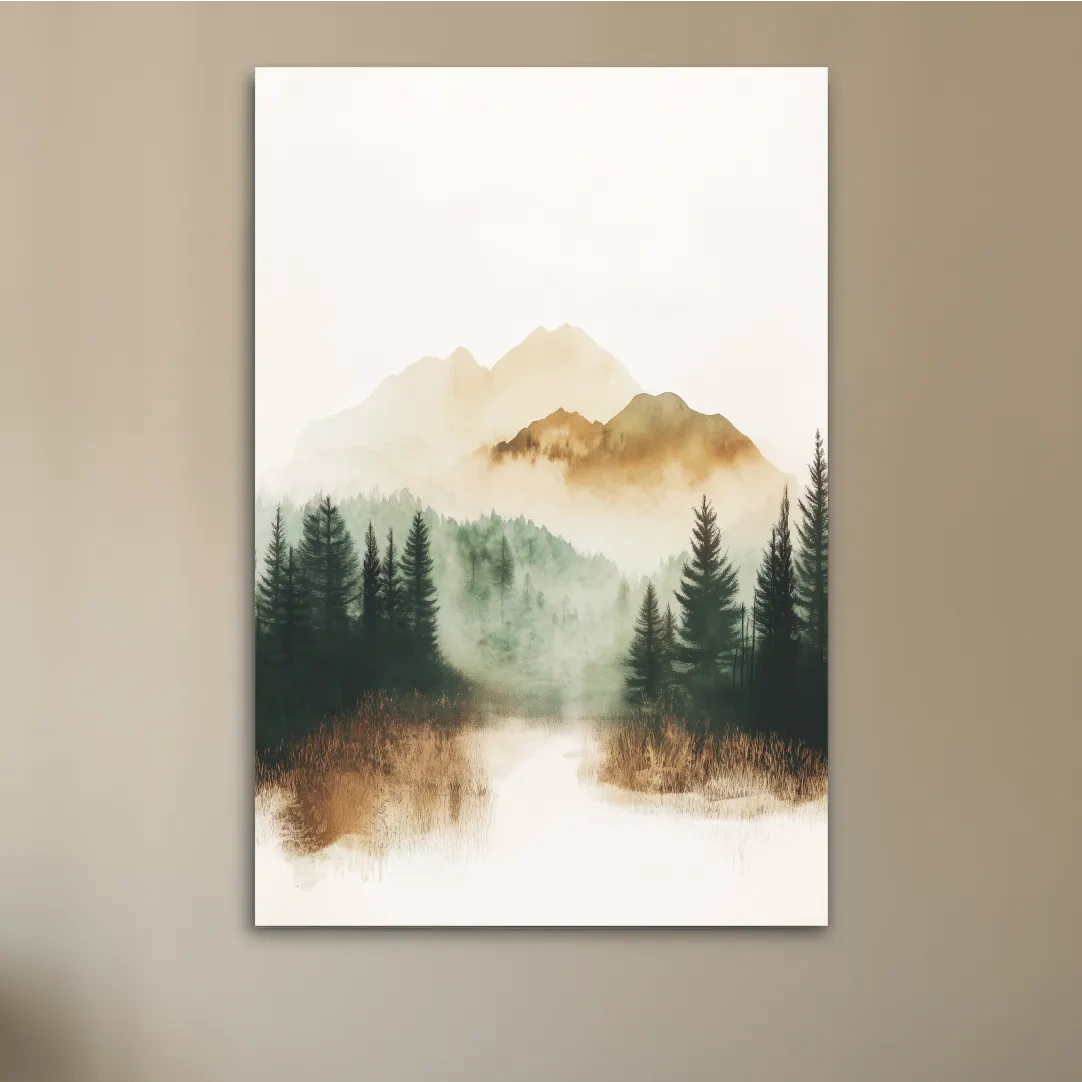 Foggy alpine forest painting, minimal watercolor wall art