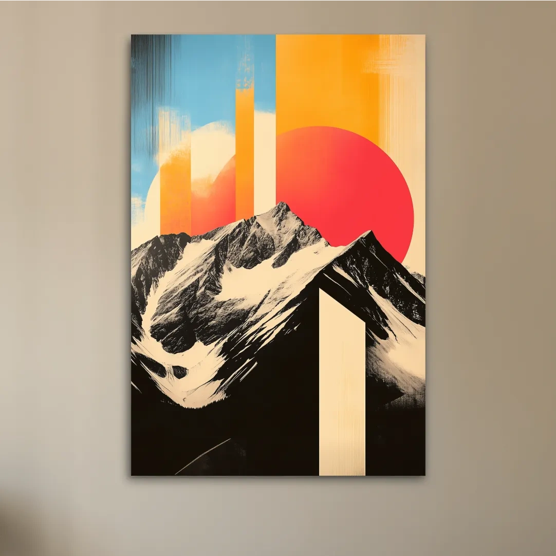 Modern abstract alpine mountain art, bold retro style geometric shapes