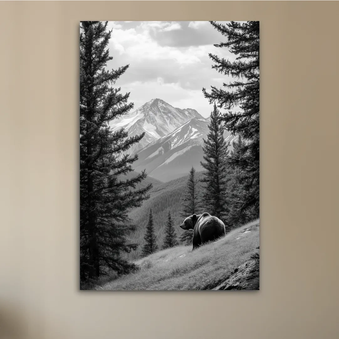 Black And White Grizzly Bear Alpine Meadow - Wilderness Nature Photography Wall Art