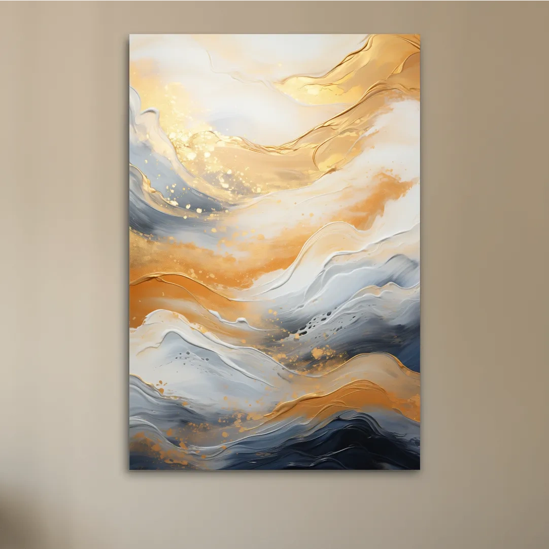 Golden abstract mountain wall artwork, swirling style painting