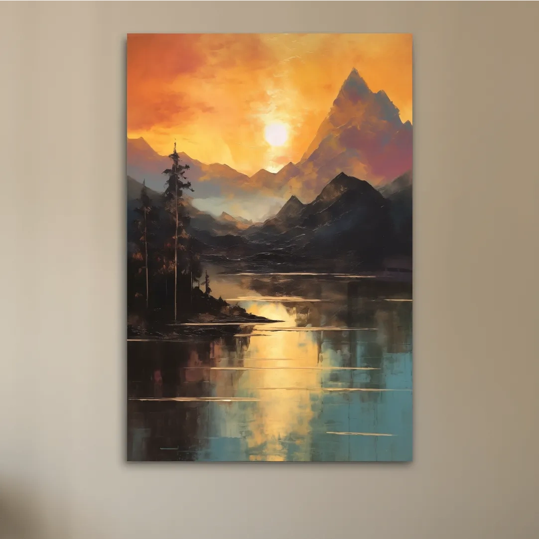 Sunrise mountain lake artwork, oil painting print wall art