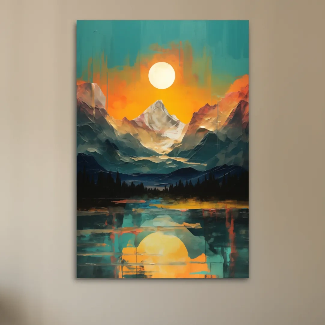 Vibrant Abstract Mountain Lake Sunset - Colorful Landscape Wall Art