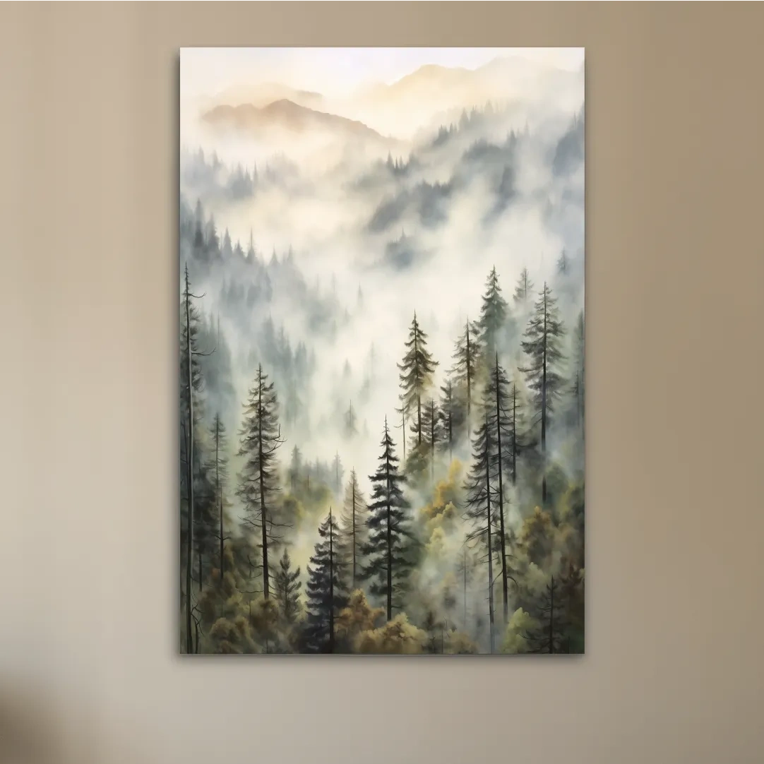 Painting of fog rolling through mountains and trees