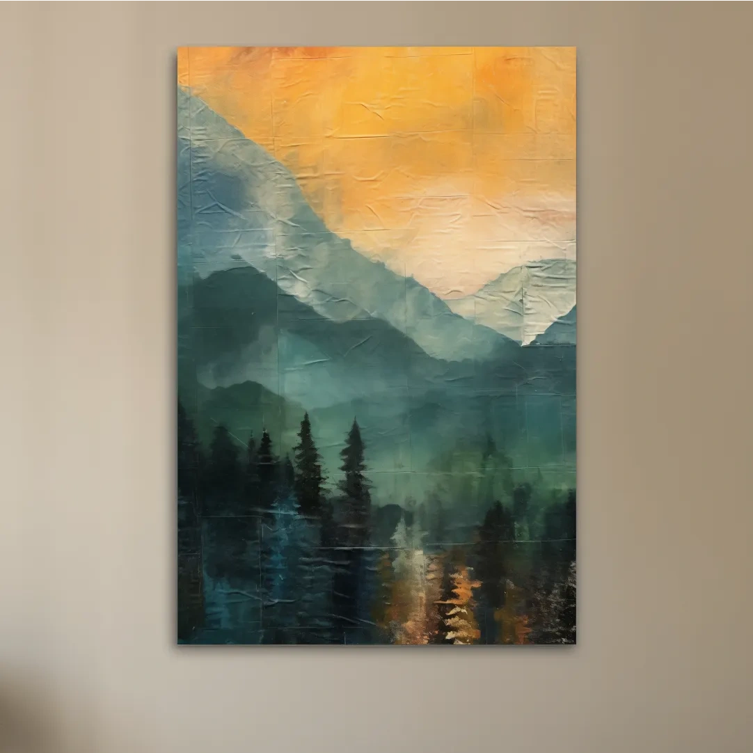 Rustic Misty Mountain Lake Reflection - Textured Watercolor Sunset Wall Art