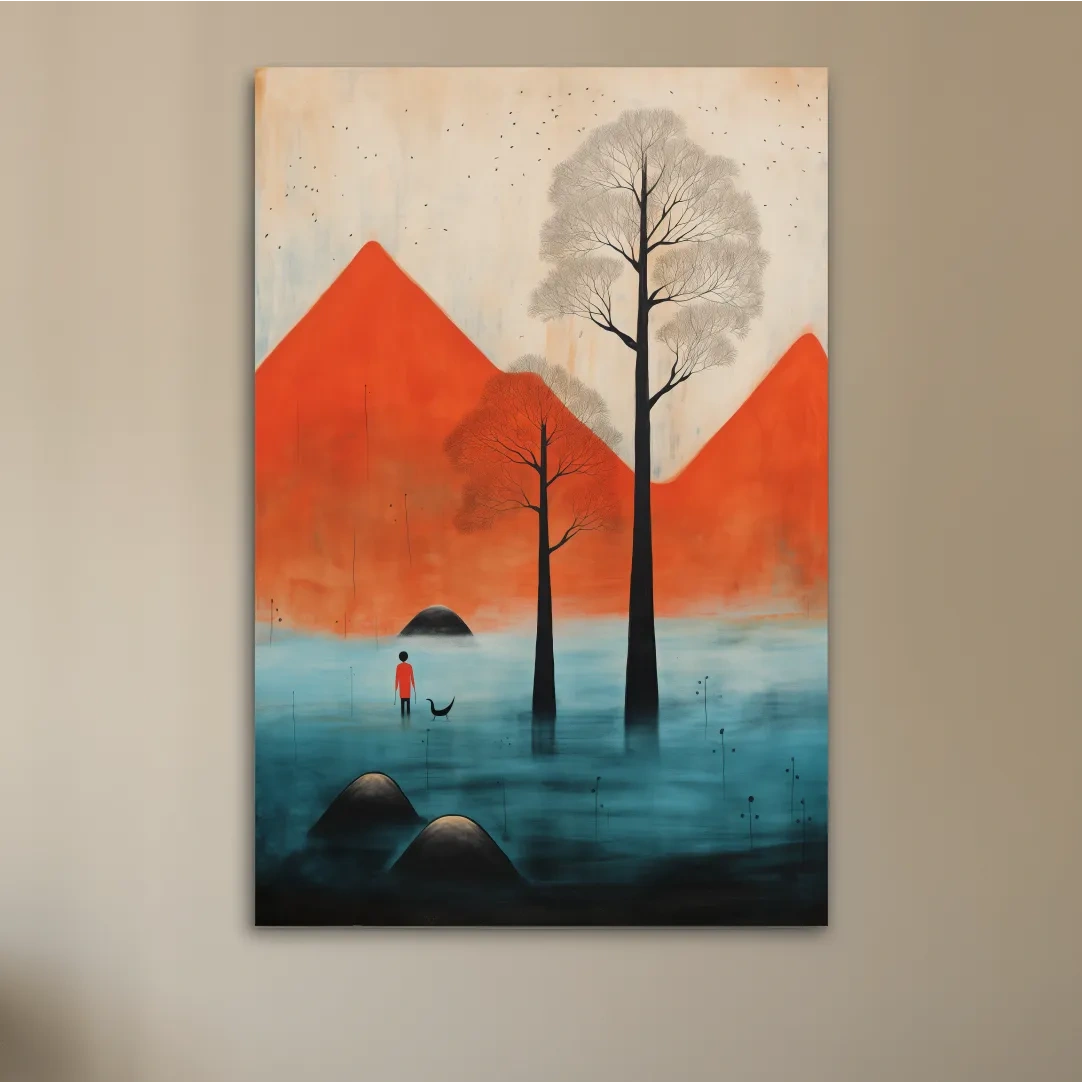 Surreal mountain artwork,rustic textured painting effect, dreamlike landscape wall art