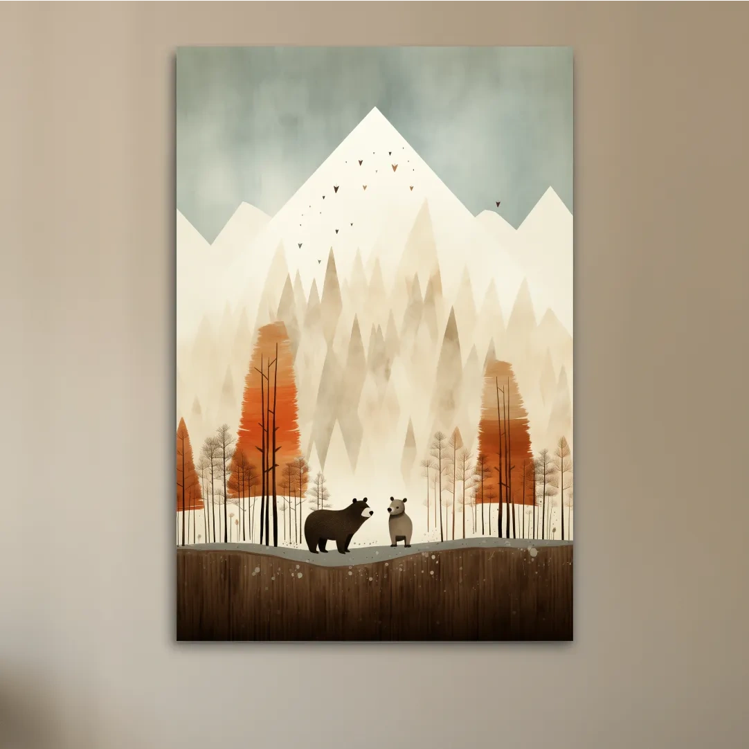 Bears in the forest in autumn, quirky childrens art illustration