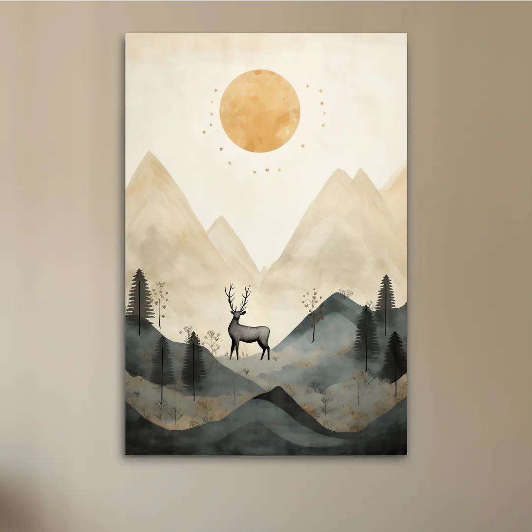 Deer standing in the forest under the night sky, quirky illustration art