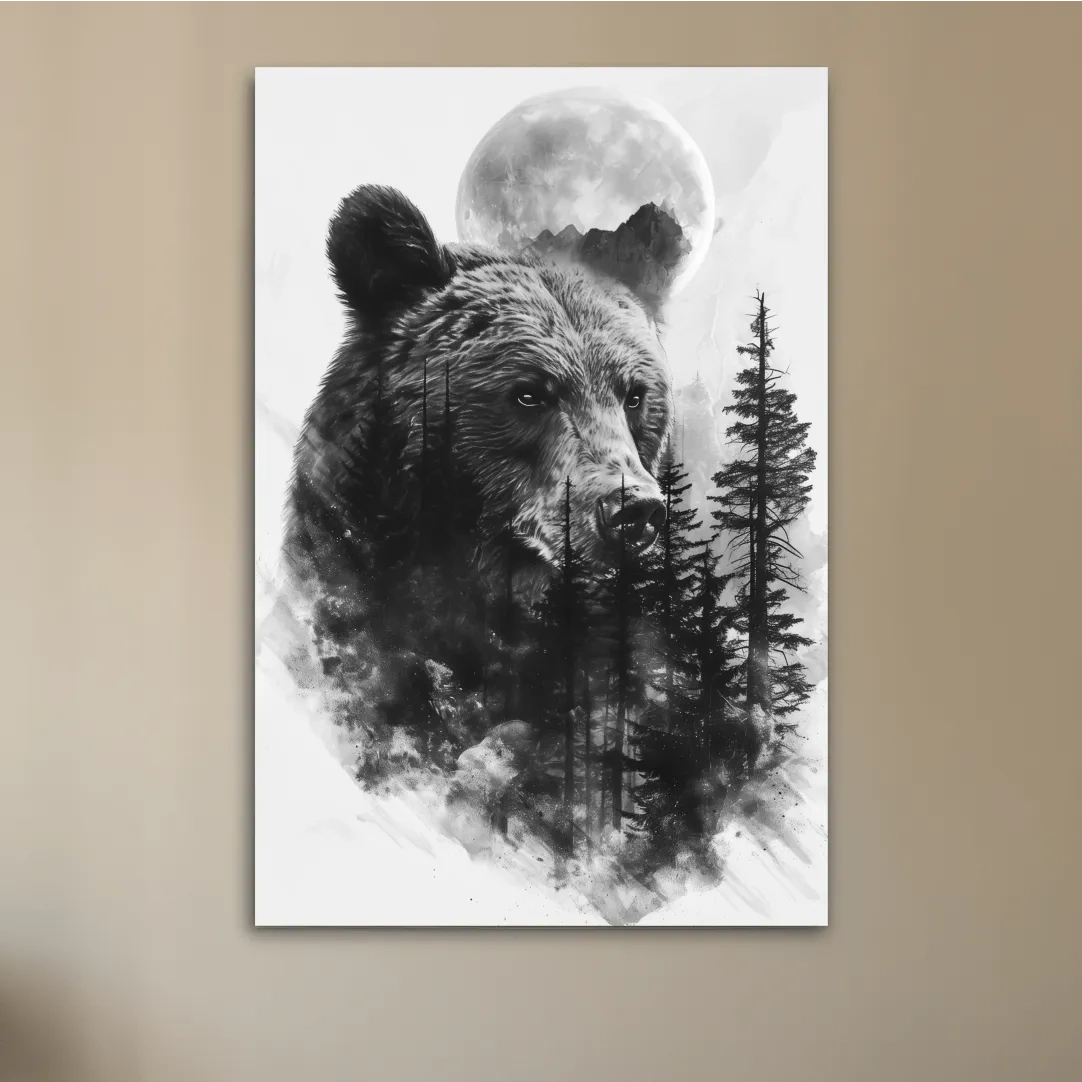 Drawing artwork of a bear, forest and moon, double exposure charcoal drawing style