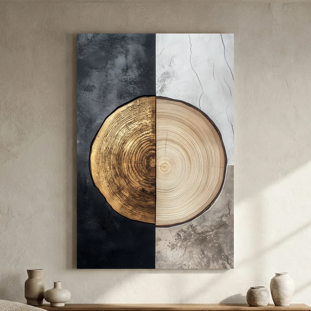Split Marble And Charcoal Wood Slice - Modern Rustic Tree Ring Wall Art