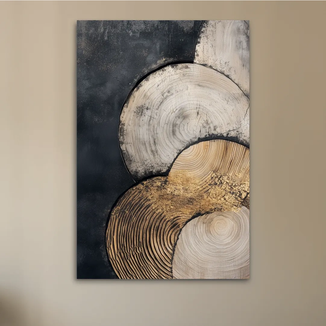 Boho tree ring pattern wall art, textured wood cross-section artwork