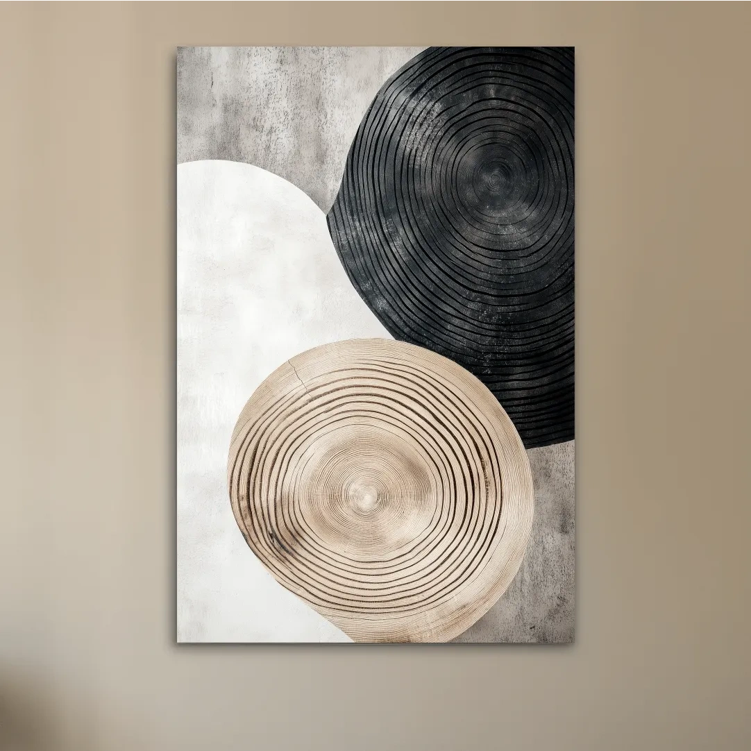 Minimalist Black Beige Wood Grain Circles - Modern Rustic Wall Art