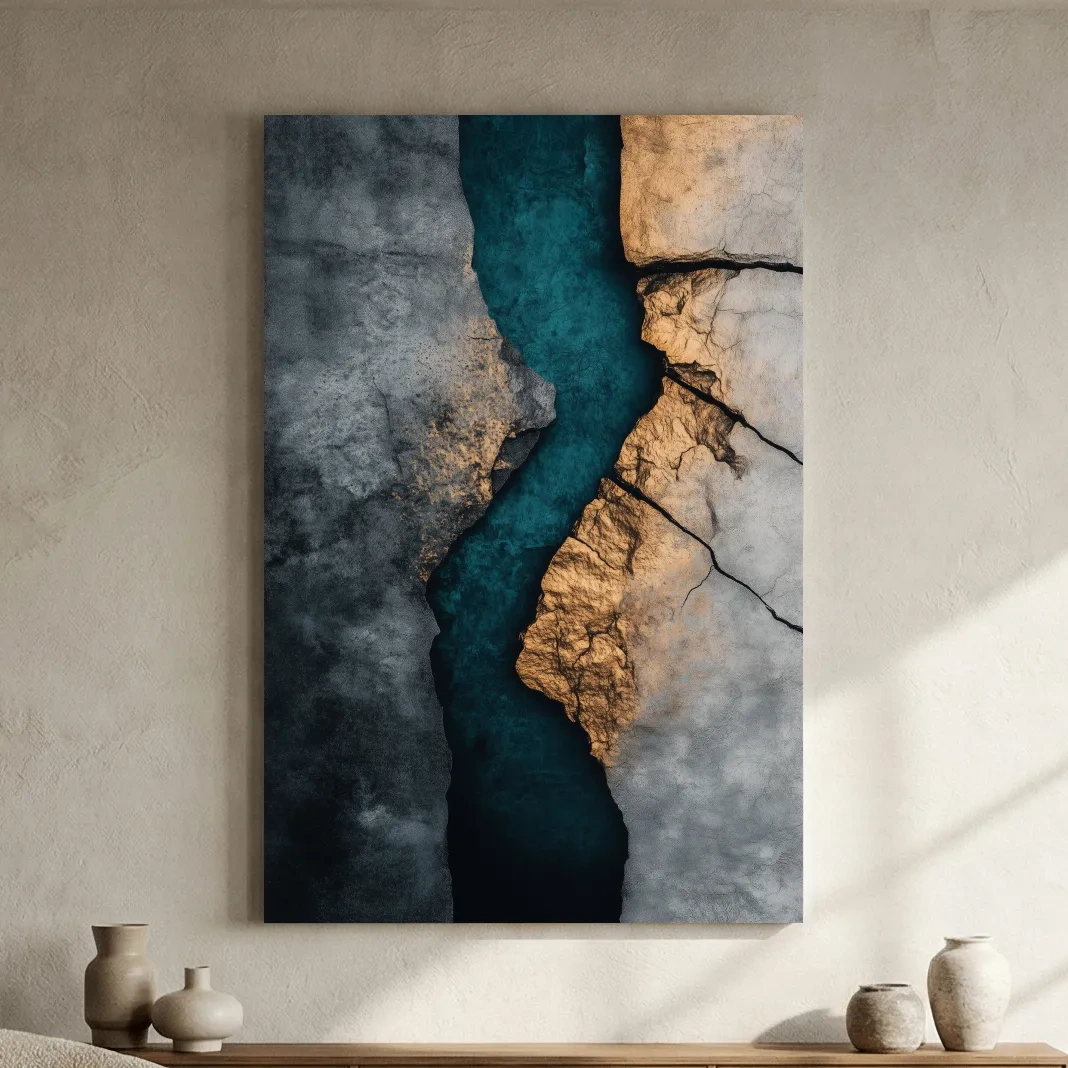 Teal River Canyon With Cracked Stone Texture - Modern Abstract Geode Wall Art