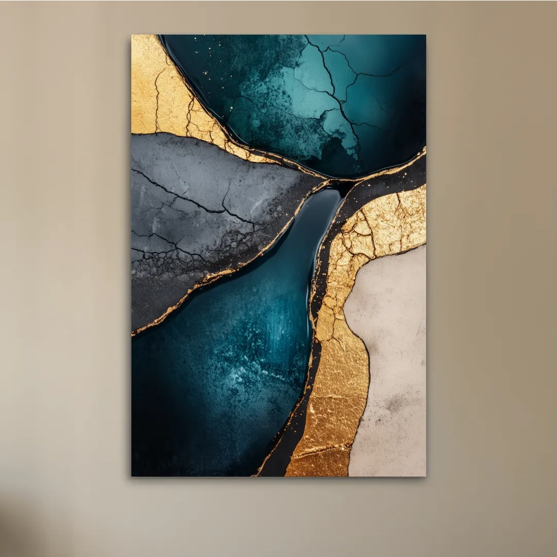 Elegant wall art, gold and teal cracked natural texture elements