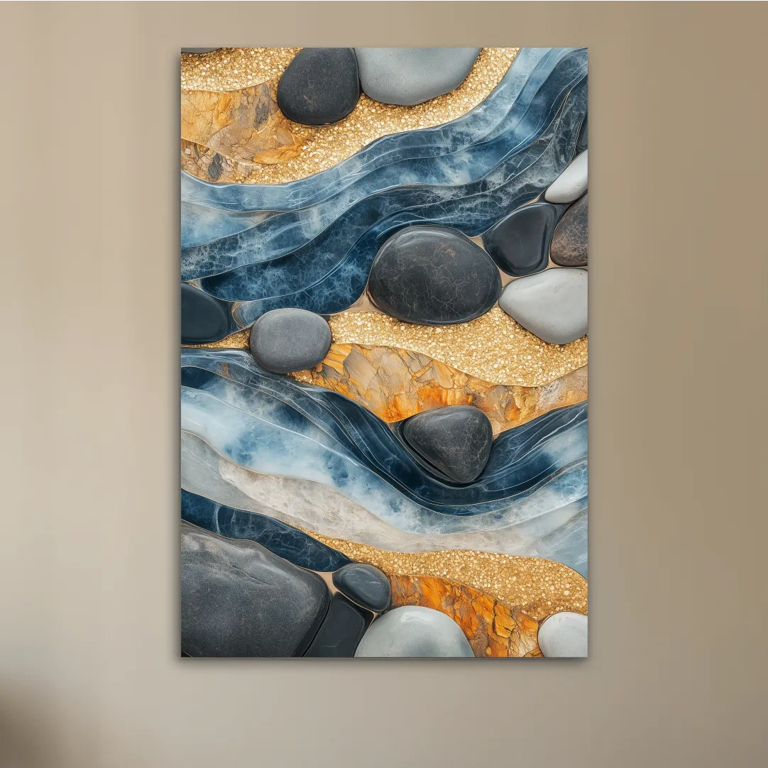 Natural stone and river rock wall artwork, abstract layered design