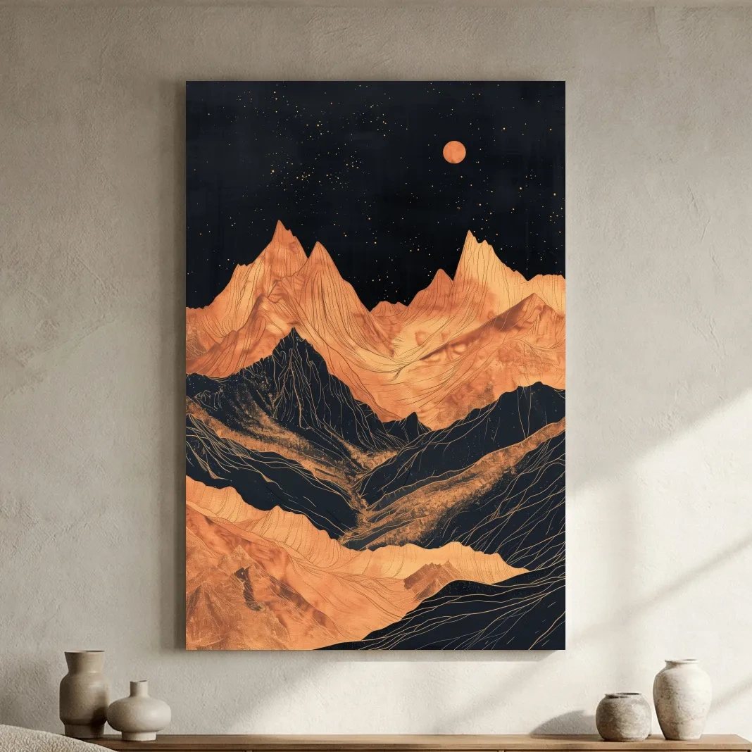 Moonlit elegant mountain artwork, metallic block print effect