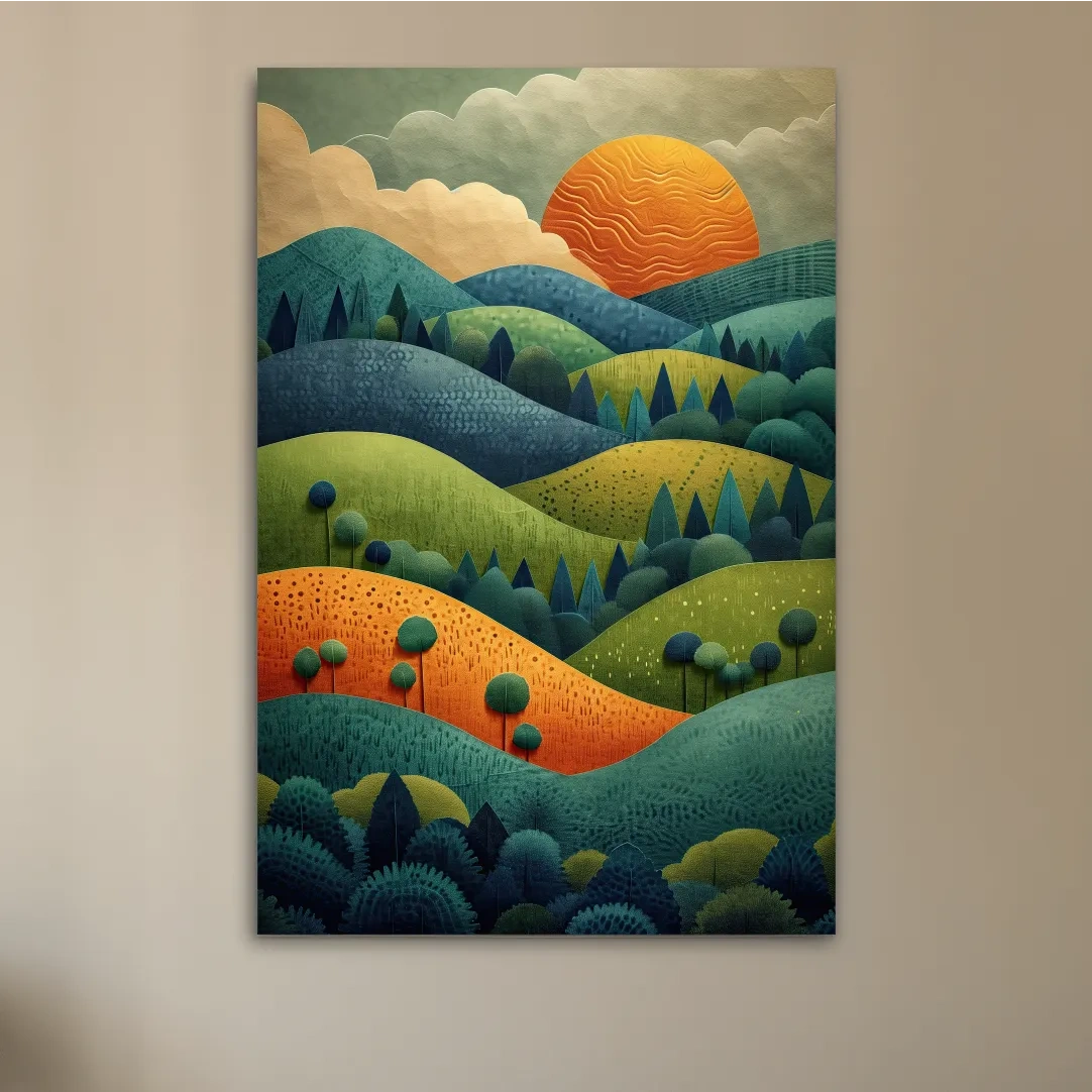 Layered Mountain Sunset Landscape - Mid Century Modern Forest Wall Art