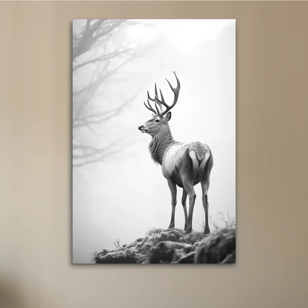 Black and white photograph of a majestic deer on a winter morning, serene wildlife artwork