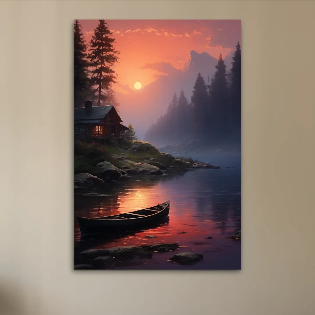 Beautiful painting of a cabin on a misty lake at sunset