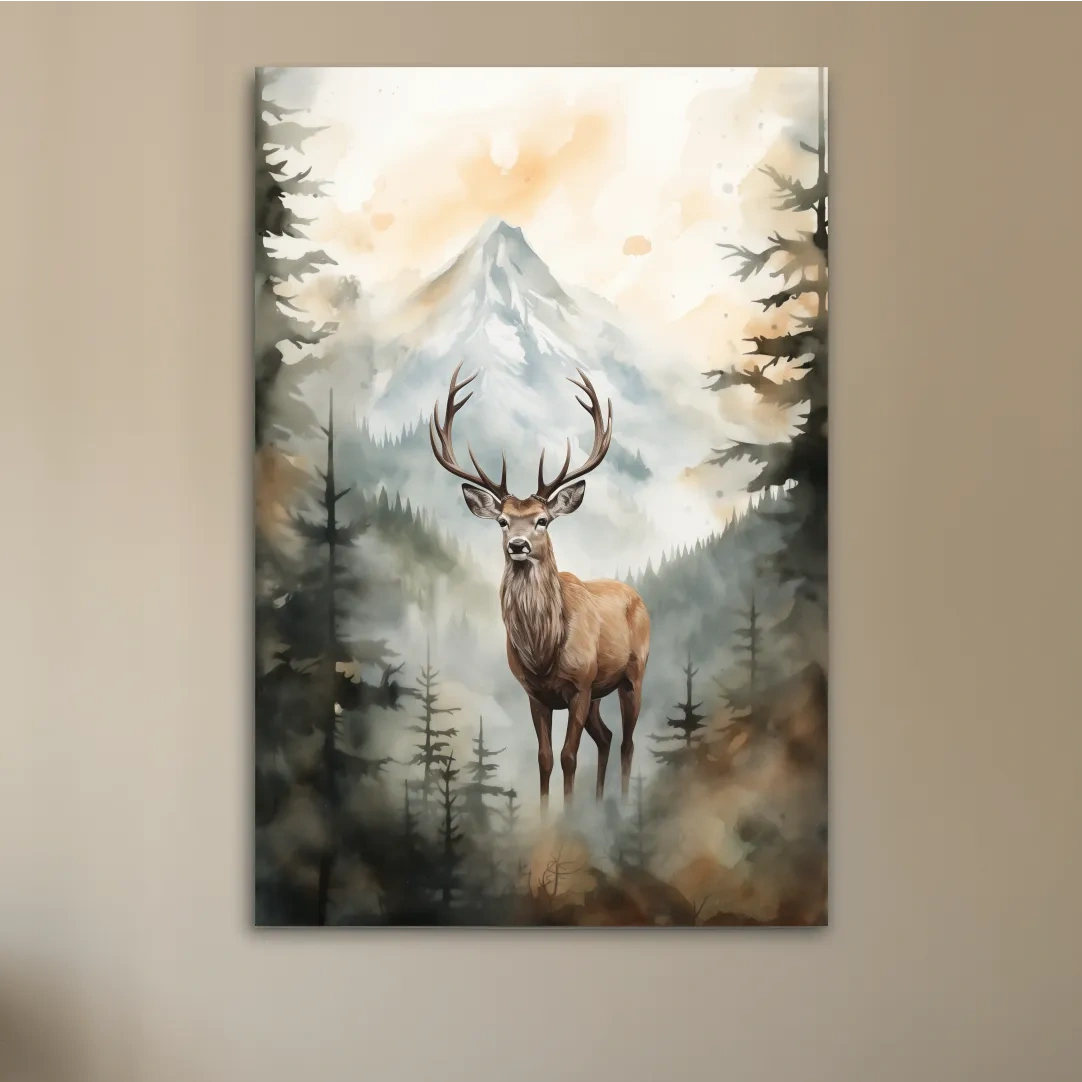 Watercolour painting of a deer standing in a misty forest