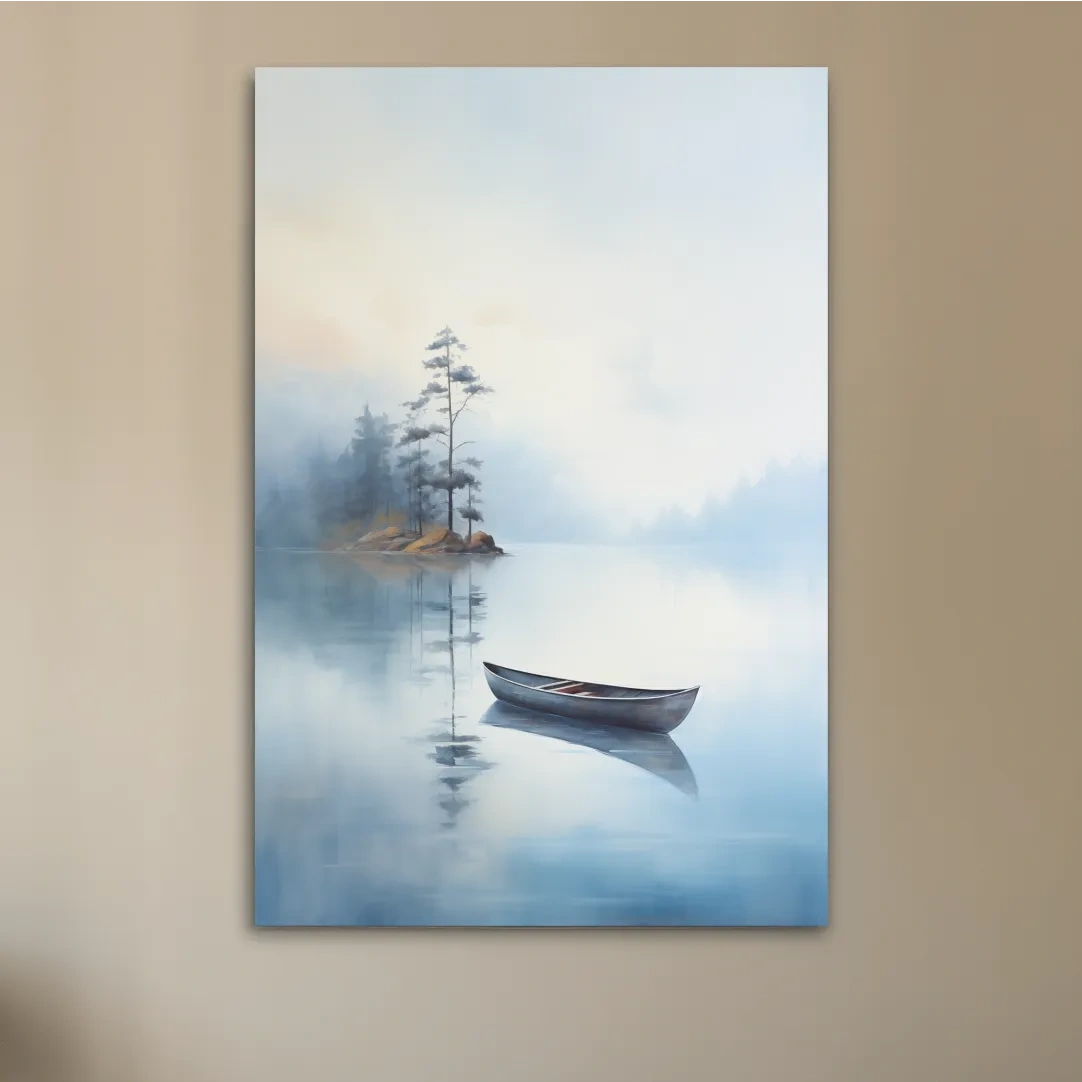 Watercolor painting, canoe on a misty lake, serene wall artwork