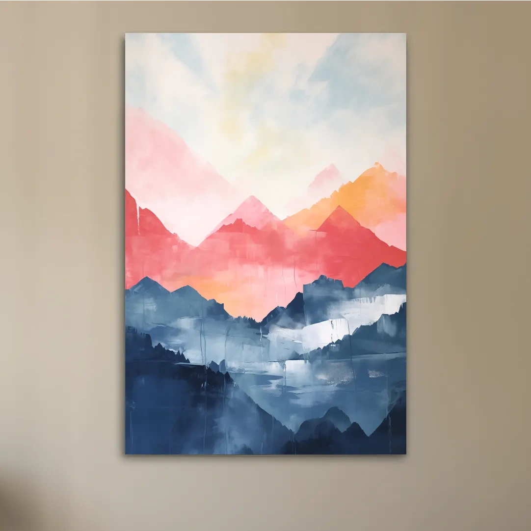 Colorful abstract mountain wall art, vibrant watercolor style painting