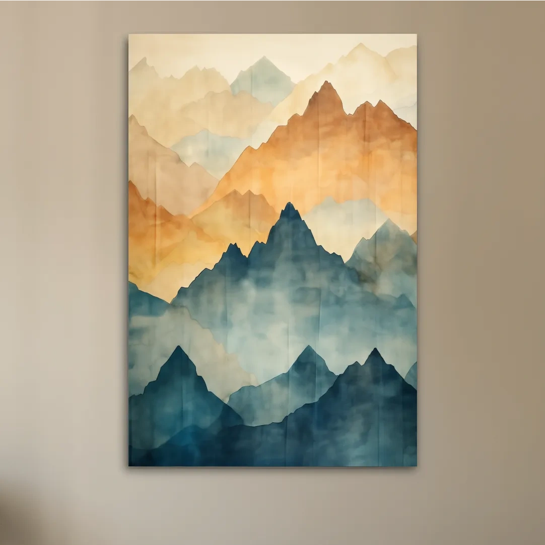 Textured effect watercolour painting of mountain ridgelines in the fog