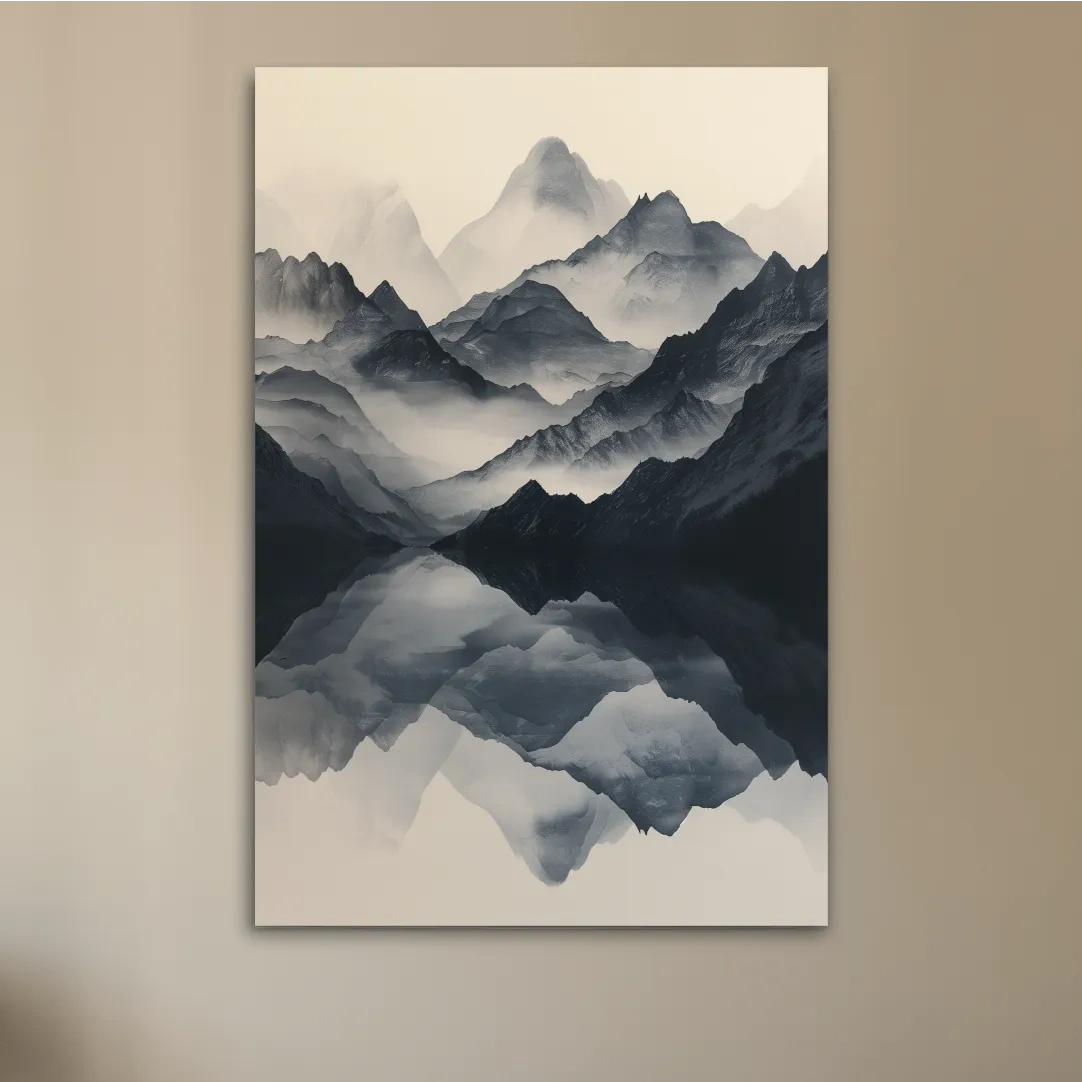 Japandi style mountain artwork, reflective mountain ranges