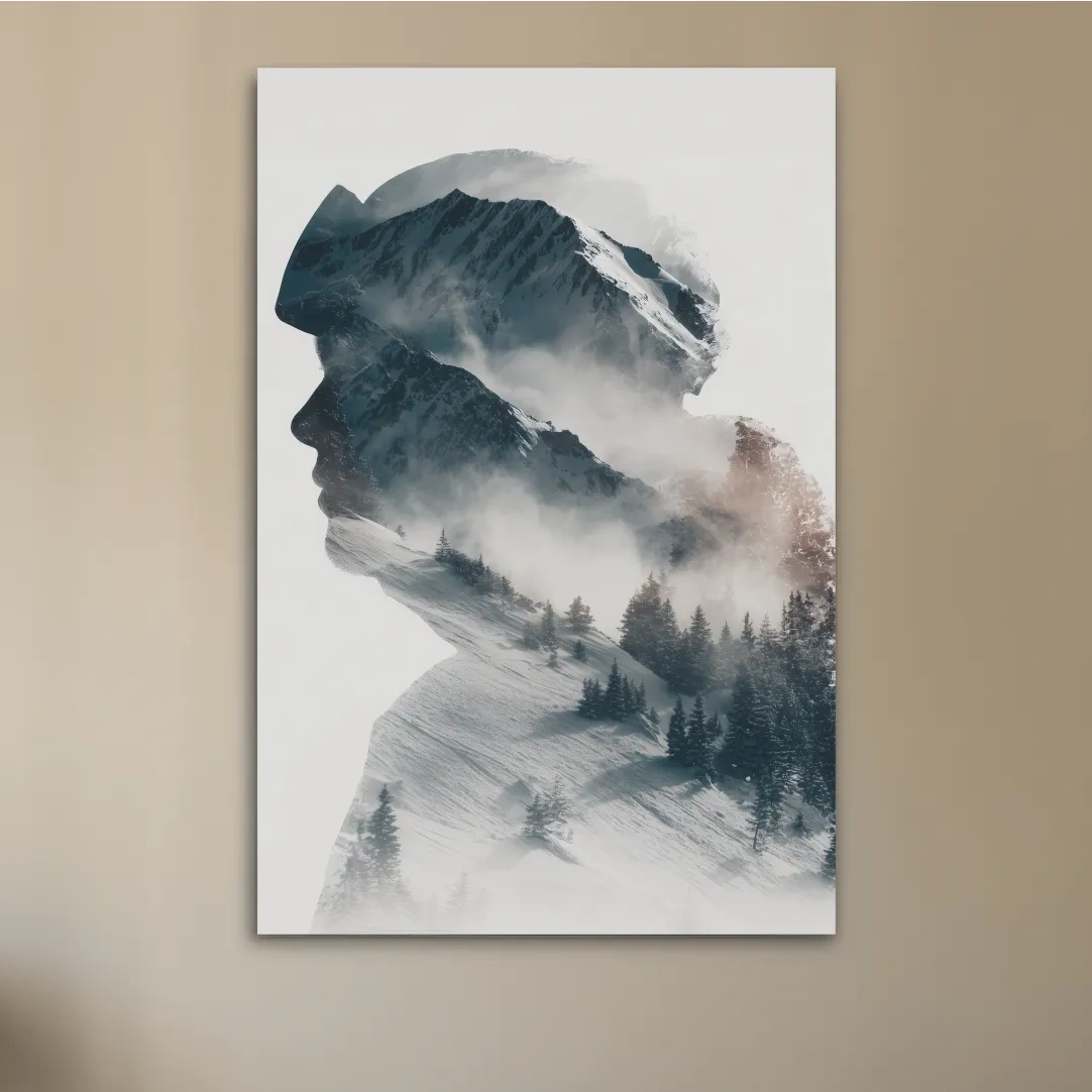 Surreal Double Exposure Skier & Mountain Portrait - Moody Misty Alpine Forest Wall Art