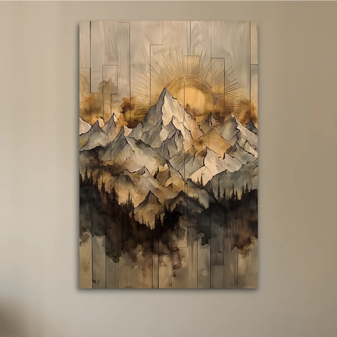Sunrise Alpine Mountain Range Illustration - Rustic Watercolor Landscape Wall Art