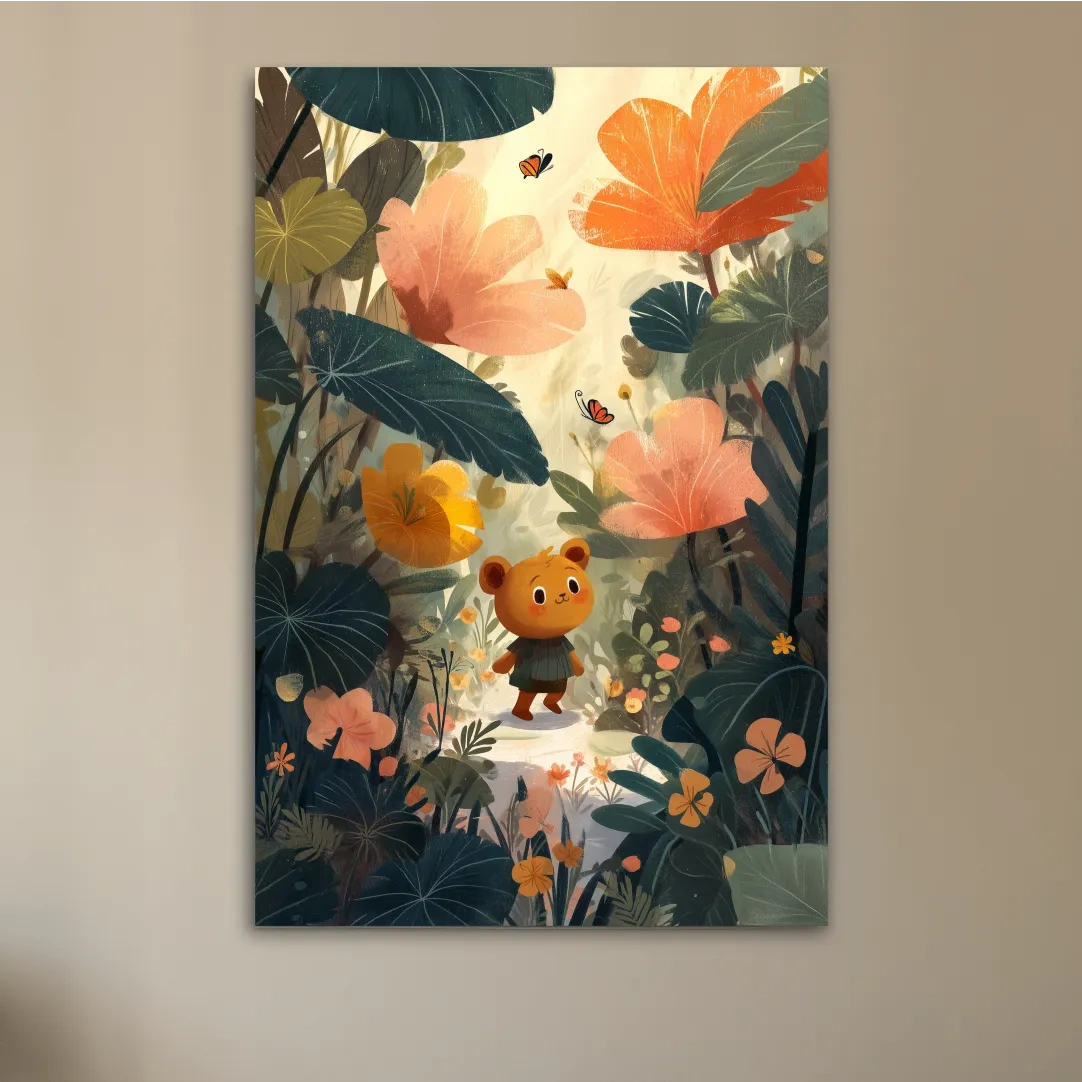 Cute bear in lush forest, whimsical children's wall art