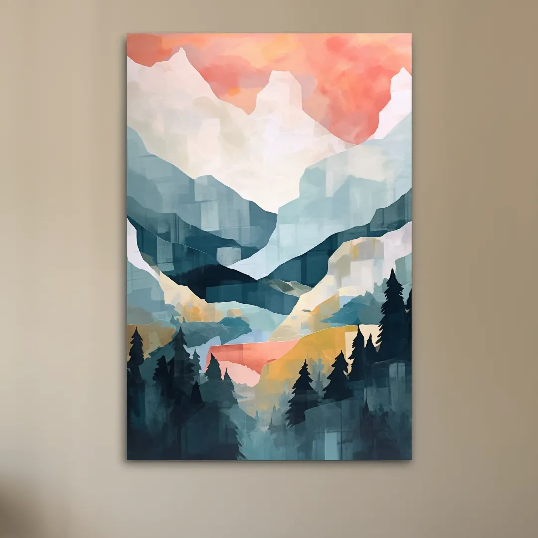 Abstract Watercolor Alpine Mountains At Sunrise - Modern Forest Landscape Artwork
