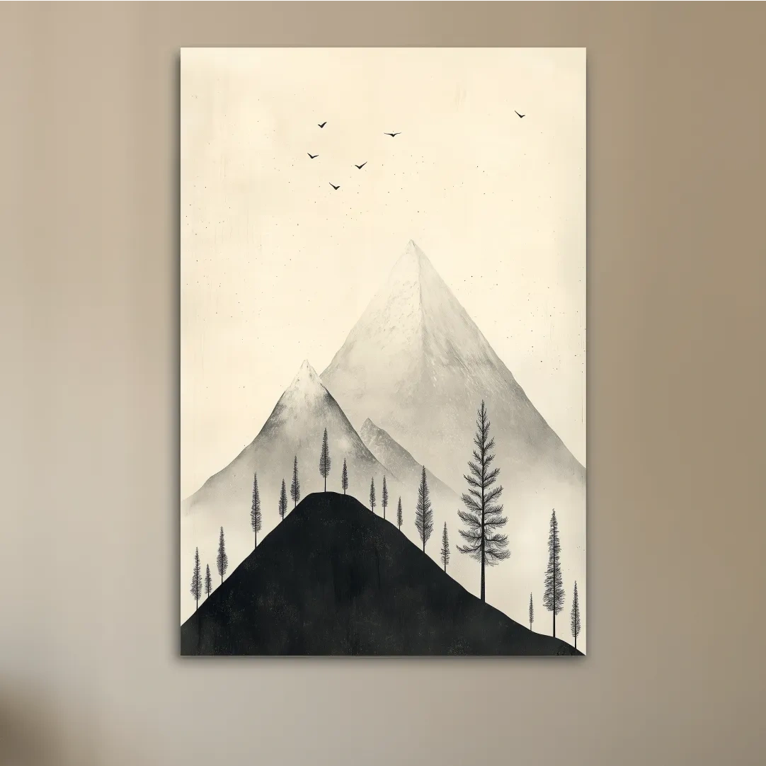 Minimalist mountain artwork with alpine trees and birds, monochrome wall art design