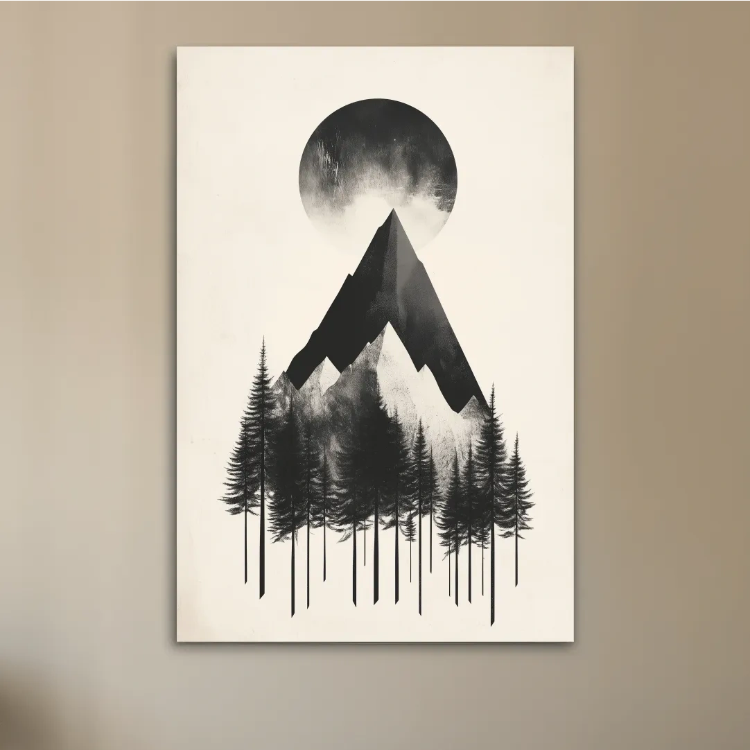 Minimalist Monochrome Mountain Peak & Pine Forest - Modern Scandinavian Style Wall Art